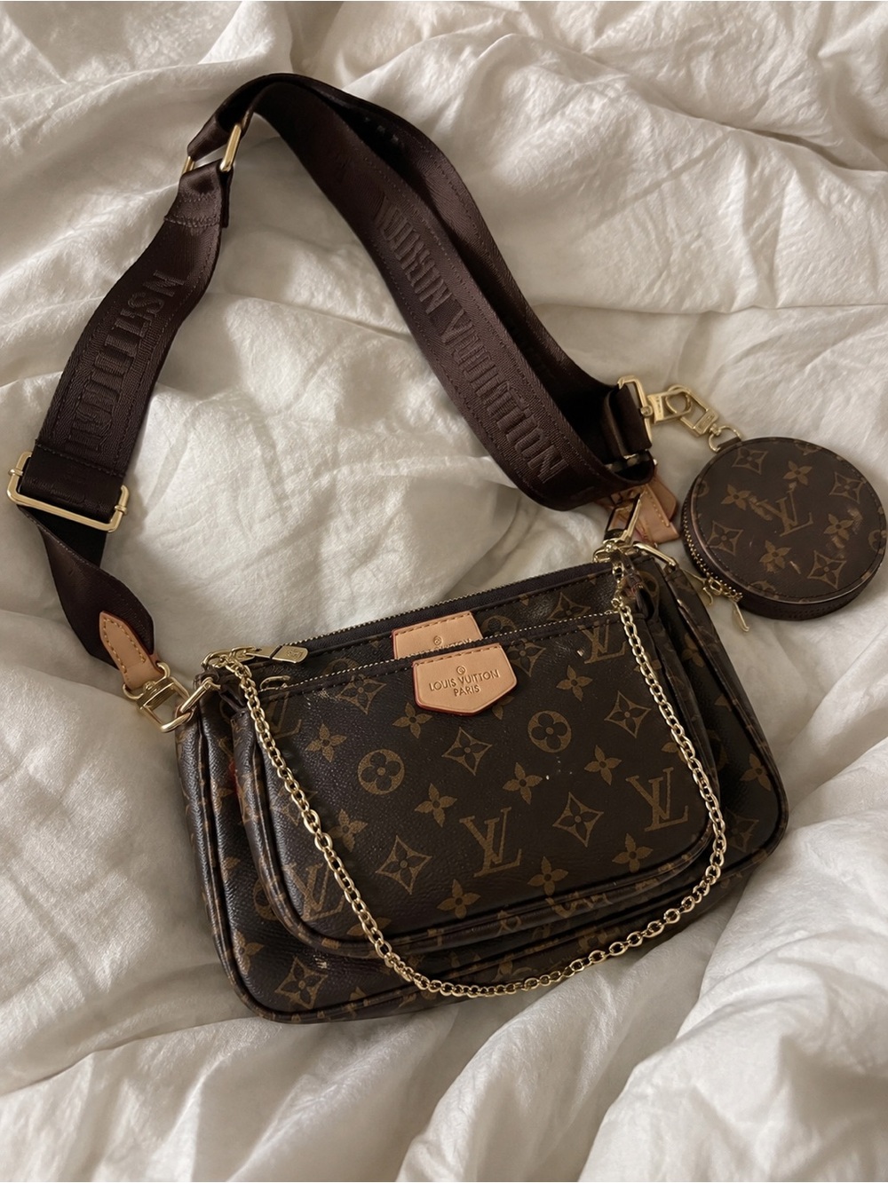 Brown Monogram-Inspired Triple Pouch Crossbody with Gold Hardware - Picture 2 of 5